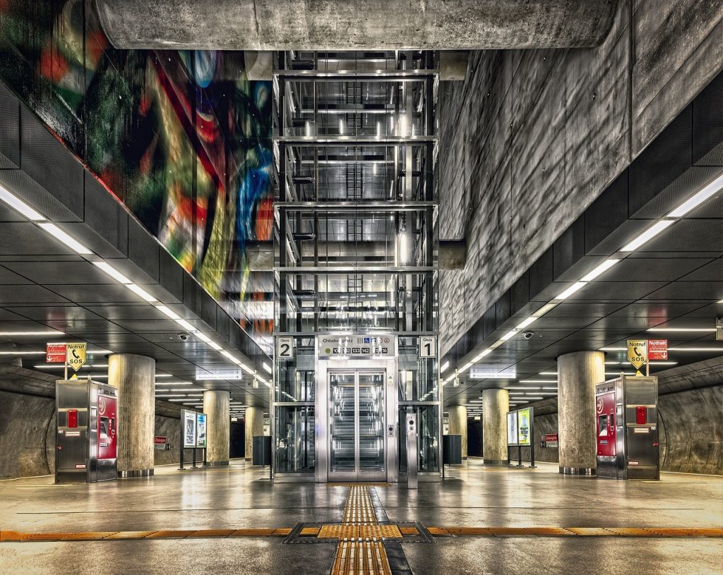 Elevator in a busy subway station.